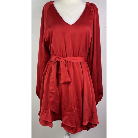 Strut And Bolt Julia Red Satin Dress Balloon Sleeve Mini Size L Elegant Romantic - Picture 1 of 14